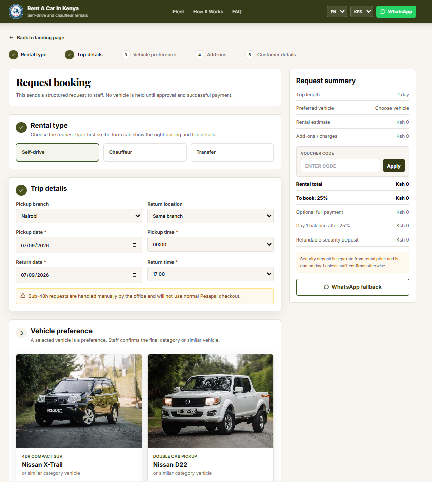 The multi-step booking request with a live price summary and deposit split.