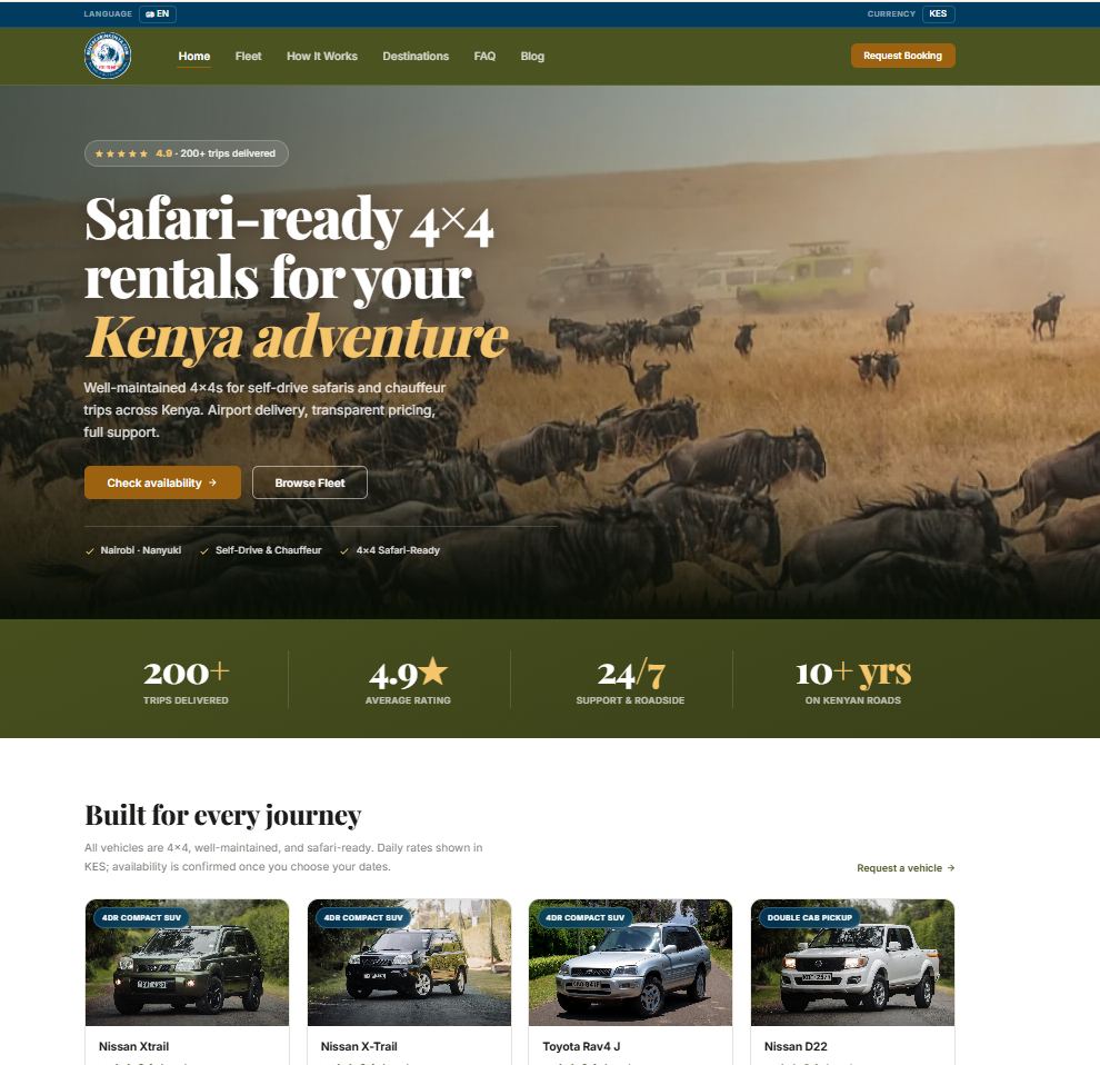 The Rent A Car in Kenya landing hero with a check-availability call to action.
