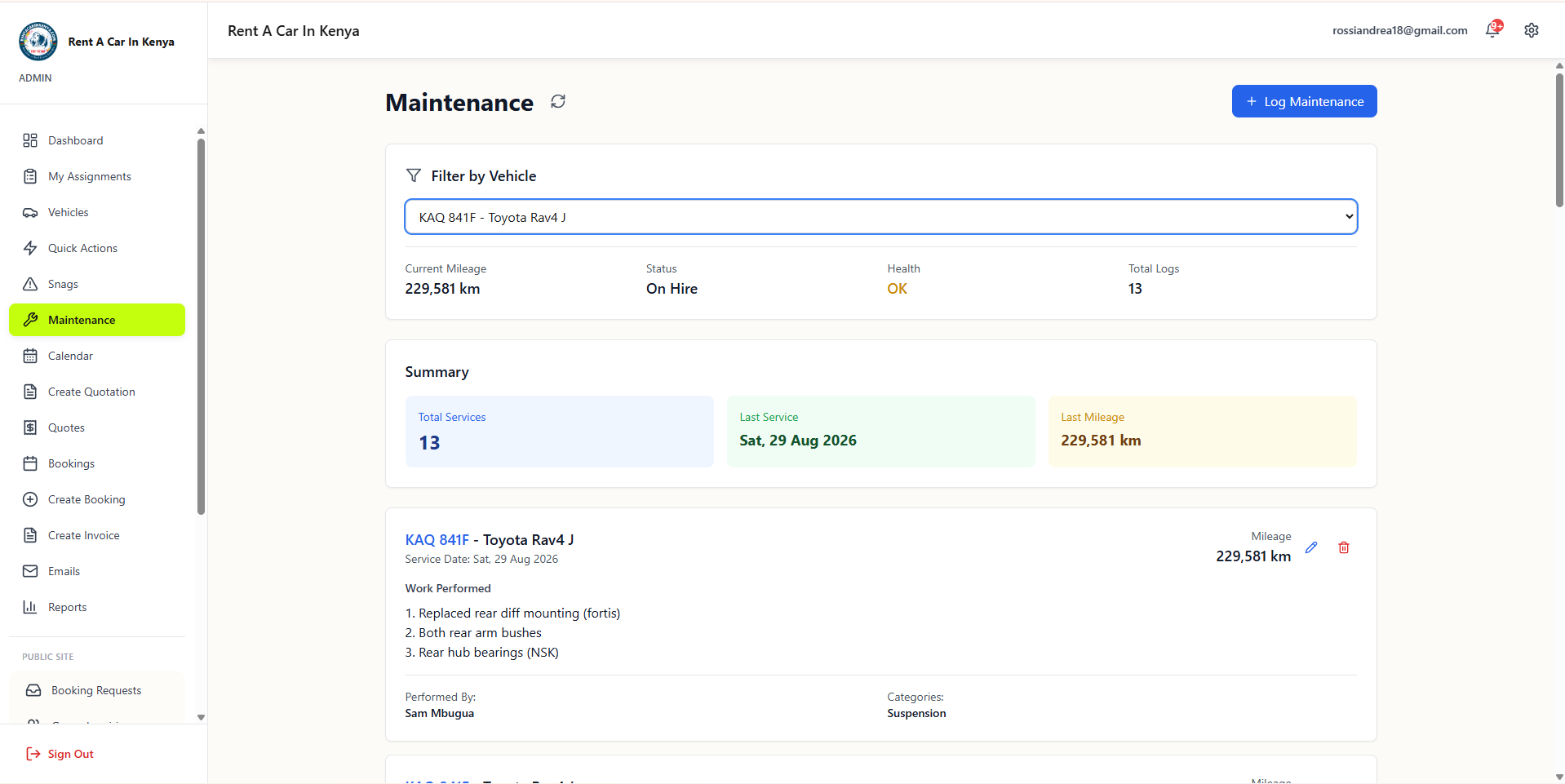The maintenance log for one vehicle with mileage and work performed.