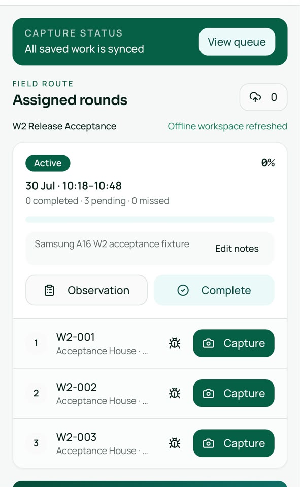 The scout app showing assigned rounds with a capture-status banner reading all saved work is synced.
