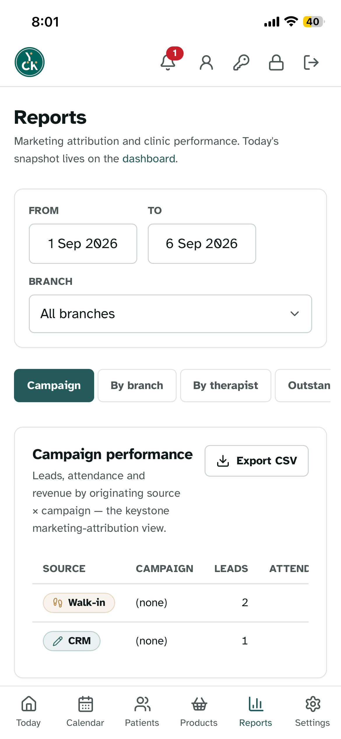 The CRM campaign report grouping leads and attendance by originating source and campaign.