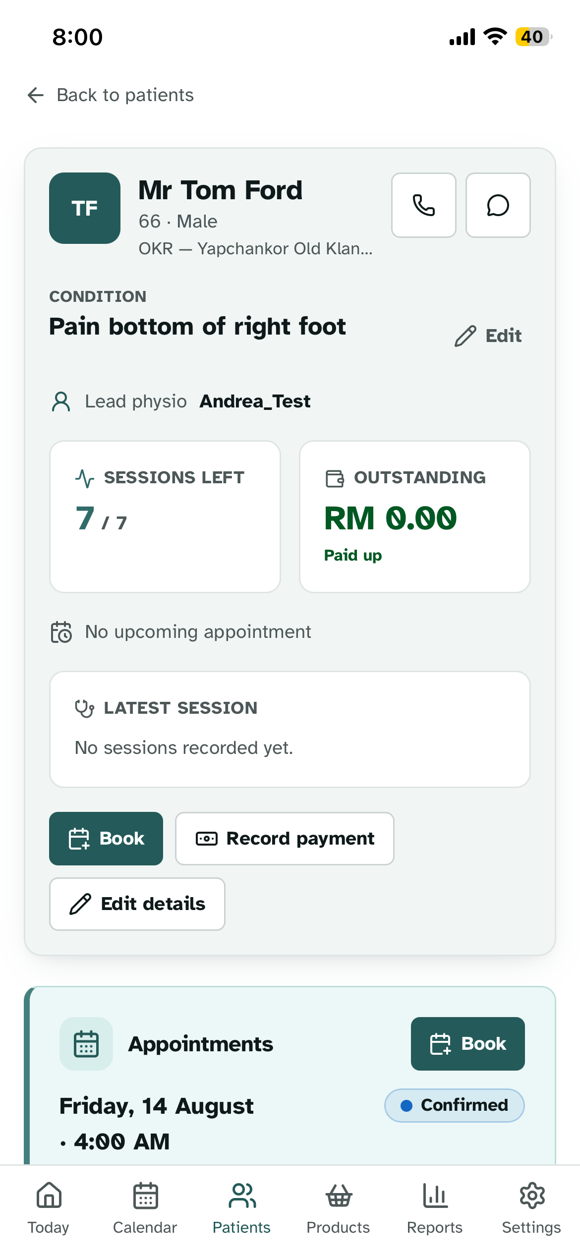 A CRM patient profile showing condition, sessions remaining, outstanding balance, and booking actions.