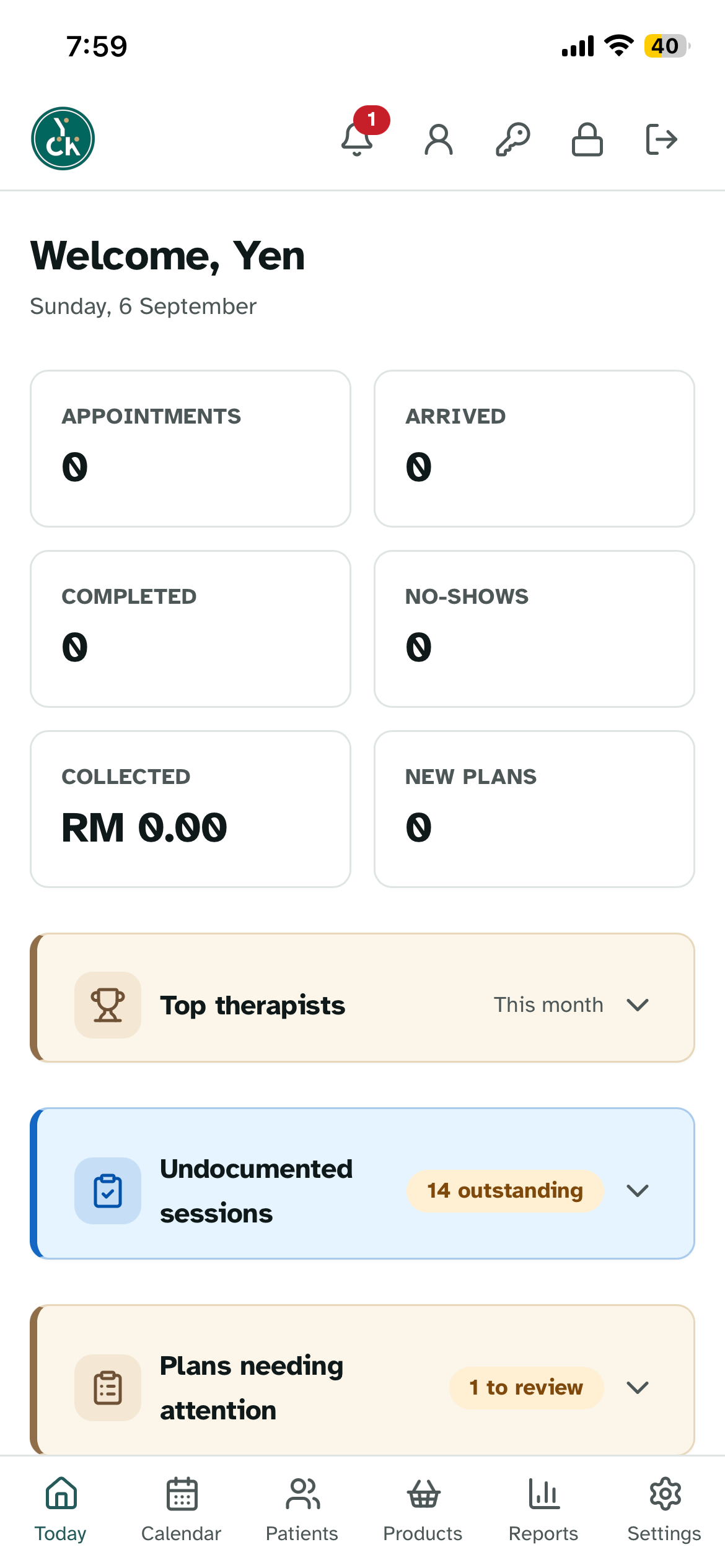 The clinic CRM daily view on a phone: appointments, arrivals, collections, and sessions needing documentation.
